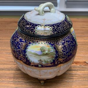 Nippon Vintage Ornate Blue and Gold Covered Jar With Landscape Scenes
